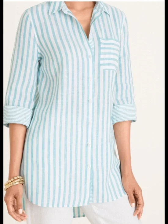 New! Chico's women’s Sz 3/XL shirtail tunic Striped 3/4 sleeve aqua linen shirt. - Picture 1 of 8